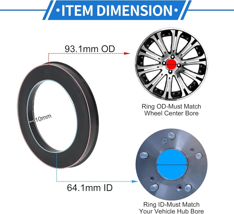 VekAuto 93.1mm to 64.1mm Car Wheel Hub Centric Rings Black Polycarbonate Wheels Center Shaft Shock Absorbing Hubrings 4 Pcs - Image 3